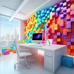 A desk with a computer on it in front of a colorful wall. Generative AI.