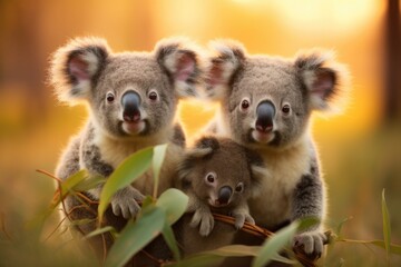 A couple of koalas sitting on top of a tree branch. Generative AI.