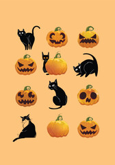 Halloween background vector illustration with pumpkins, black cat, bats, raven bird and ghosts.