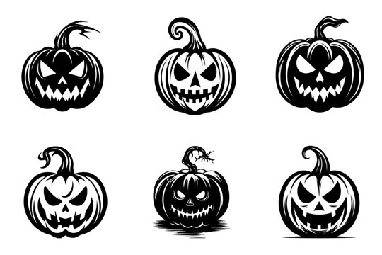 Collection of Halloween pumpkins carved faces silhouettes. Scary and funny faces of Halloween pumpkin. Vector illustration