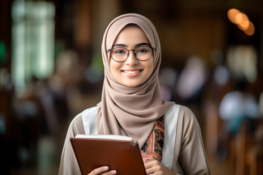 Portrait Of Attractive Young Muslim Teacher Wearing Hijab Smiling At Camera. Young Female Wearing Hijab And Holding A Book