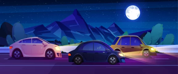 Gordijnen Cars drive along country road near mountains and trees at night under starry sky. Cartoon vector of midnight landscape with rocky peaks, automobiles traveling on asphalt highway under moonlight. © klyaksun