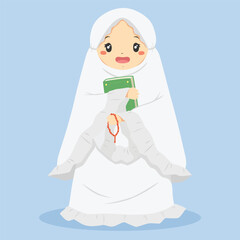 cute happy Muslim girl wearing white mukena holding Quran and orange prayer beads ready for shalat. Muslim children character vector illustration.