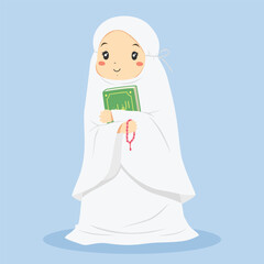 cute smiling Muslim girl wearing white mukena holding Quran and pink prayer beads ready for shalat. Muslim children character vector illustration.