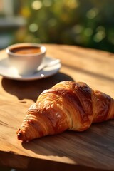 A cup of coffee and a croissant on a wooden table, created by Generative AI