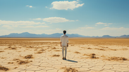 広大な砂漠で途方に暮れる人の後姿