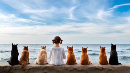 Ginger cat standing on the coast . Lonely cat at seaside - 638717360