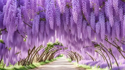 Spring flowers wisteria. Flowering tree blooming in sunset garden. Beautiful flowers tunnel blossom in Japanese park. - 638717373