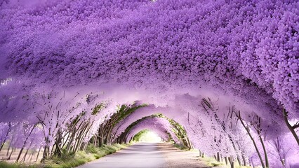 Spring flowers wisteria. Flowering tree blooming in sunset garden. Beautiful flowers tunnel blossom in Japanese park.