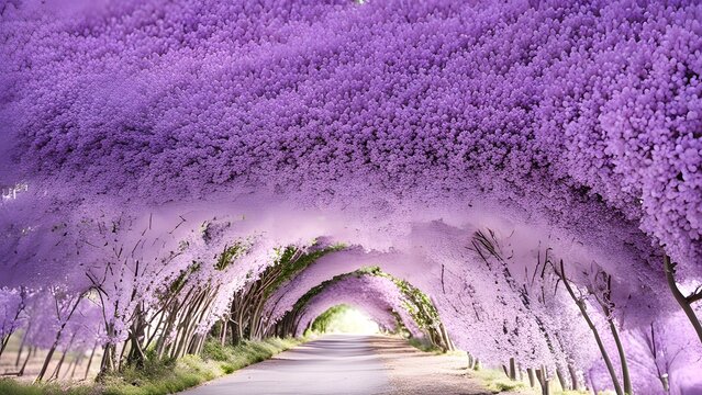Spring flowers wisteria. Flowering tree blooming in sunset garden. Beautiful flowers tunnel blossom in Japanese park.