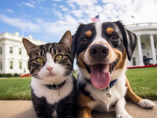A cute dog and cat both smiles while taking a selfie together in front of the White House