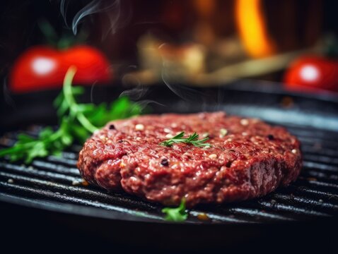 Hamburger in a frying pan, close-up shot
