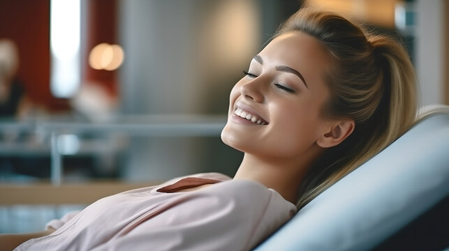 Young woman smiling, lying in hospital bed during rehabilitation or medical treatment in a ward, disease treatment and health care concept