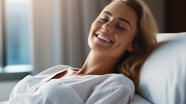 Young woman smiling, lying in hospital bed during rehabilitation or medical treatment in a ward, disease treatment and health care concept