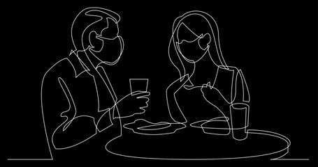 continuous line drawing vector illustration with FULLY EDITABLE STROKE - people in masks as a concept of life during covid corona virus symbol pandemic