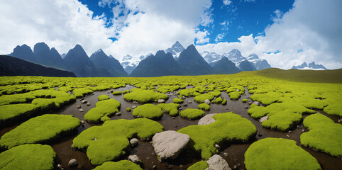 a field with green grass and rocks in the middle of it and mountains in the background with clouds in the sky, naturalism, wide angle lens, Generative AI - 638718782