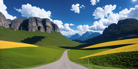 a road going through a green valley with mountains in the background and a blue sky with clouds above it, beautiful landscape,Generative AI - 638718793