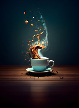 A cup of coffe with splash on a dark background, coffe enjoyment concept