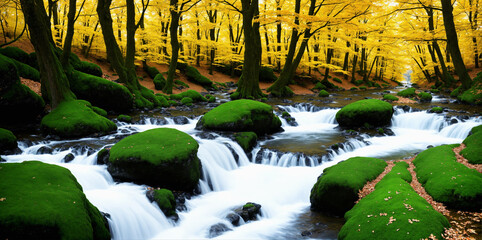 a stream running through a lush green forest filled with trees and rocks in the fall season, with yellow leaves on the trees,Generative AI - 638718997