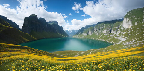 a beautiful view of a mountain lake surrounded by wildflowers and mountains in the background with clouds in the sky,Generative AI - 638719144