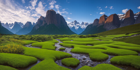 a river running through a lush green valley surrounded by mountains and grass covered hills with flowers on the side,Generative AI - 638719147