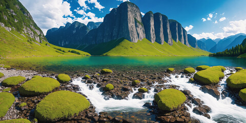 a mountain lake with a waterfall running through it and green grass on the rocks in the water below it, Generative AI - 638719173