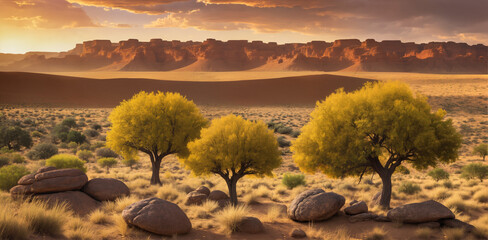 a desert landscape with trees and rocks in the foreground and a mountain range in the background with a sunset,Generative AI - 638719191