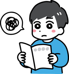 困った顔で冊子を読む私服の若い男性(上半身)