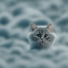 Imagine a tiny cat with soft and adorable blue fur. Its fur is like fluffy clouds in a clear sky, adding a magical touch to its appearance. Its eyes sparkle with contrasting shades of sea-green, as if