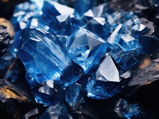 visible raw blue gems in the rocky wall of a mine, close-up shot