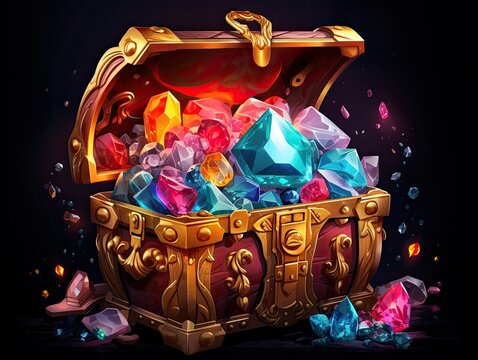 An open Treasure Chest filled with a lot of with gems isolated on dark background