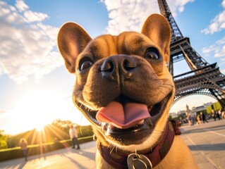 A cute dog smiles while taking a selfie in front of the Eiffel Tower - 638720736