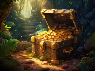 An open Treasure Chest filled with a lot of gold coins in ancient ruins in the jungle