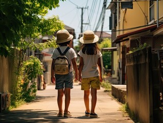 two childs seen from behind at a hot summer day walking along a street