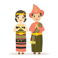 Happy couple wearing East Nusa Tenggara traditional dress with greeting, welcome hand gesture. Nusa Tenggara Timur, Indonesia traditional dress cartoon vector.