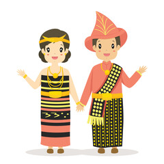 Happy couple wearing East Nusa Tenggara traditional dress waving hands, greeting hand gesture. Nusa Tenggara Timur, Indonesia traditional dress cartoon vector.