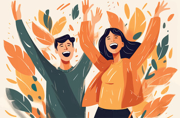 Vector illustration of a happy young couple with their mouth open.