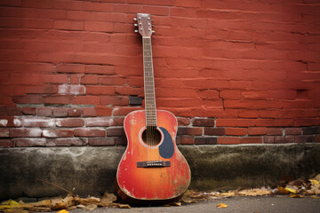 A red acoustic guitar leaning against a red brick wall - obrazy, fototapety, plakaty