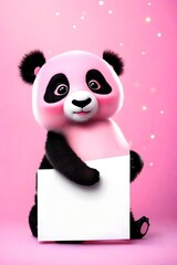 An illustration of a panda bear holding up a blank sign set against a pink background. 