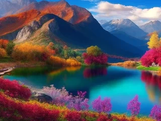 Fotobehang autumn landscape with lake and mountains © Nipun