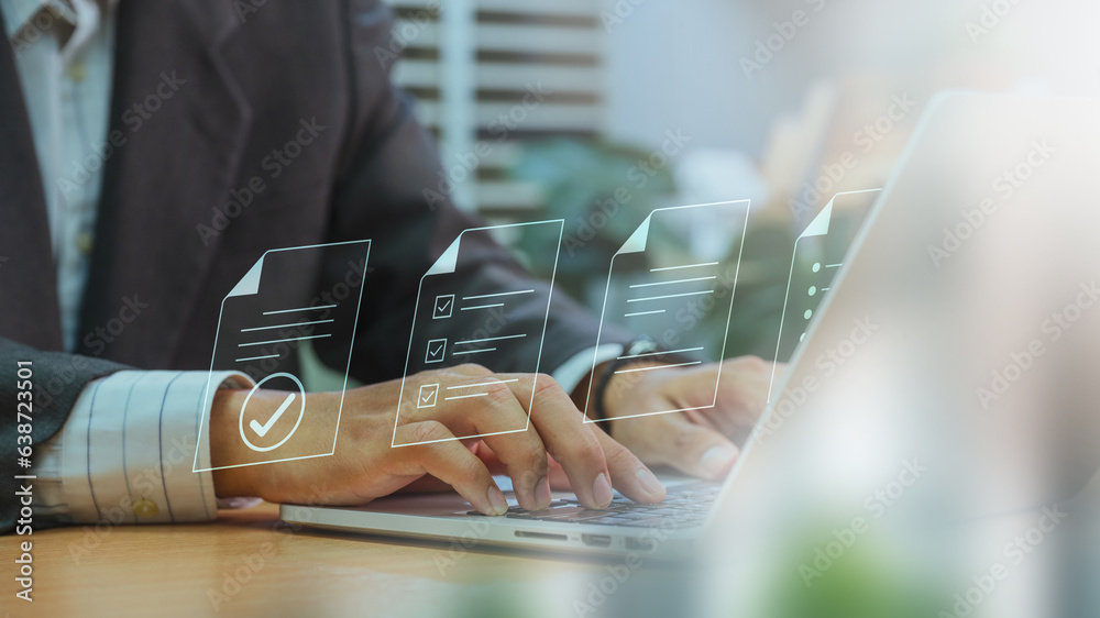 Fototapete businessman with a document management system (dms). streamline online docs, enhance file control & 
