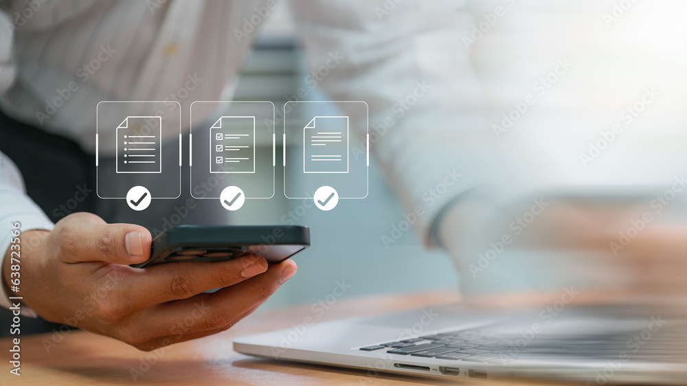Poster Businessman with a Document Management System (DMS). Streamline online docs, enhance file control & workflow efficiency with e-documents.