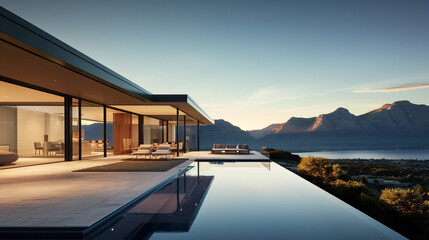 Fototapeta premium Harmony of Design and Nature: Modern Luxury Glass Villa Nestled in the Mountains