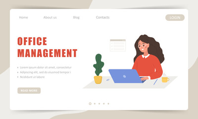 Office management landing page template. Female entrepreneur. Successful woman sitting at table with laptop and solves work issues. Vector illustration in flat cartoon style.