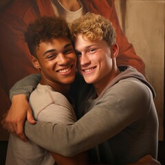 Two young men hugging each other