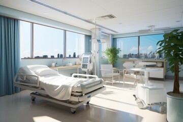 Fototapeta na wymiar Hospital recovery room, bed on medical room generative with Ai.