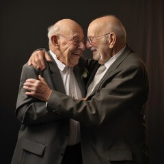 Two elderly friends hugging each other