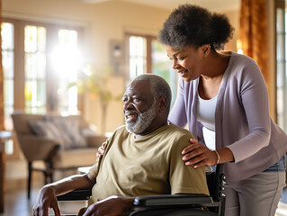 Compassionate Bonds: Side View Portrait of a Young Black Woman Assisting a Senior Man in a Nursing Home