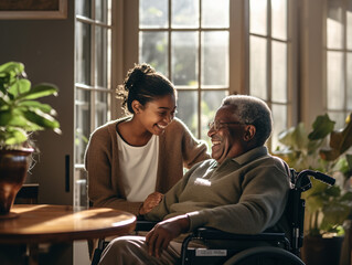 Compassionate Bonds: Side View Portrait of a Young Black Woman Assisting a Senior Man in a Nursing Home