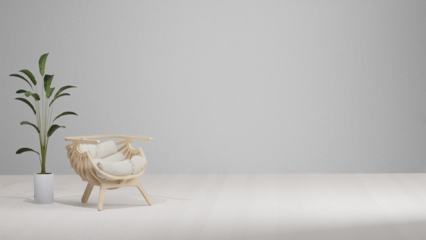 Creative composition of living room interior with copy space, wooden sideboard. Decorated home mockup